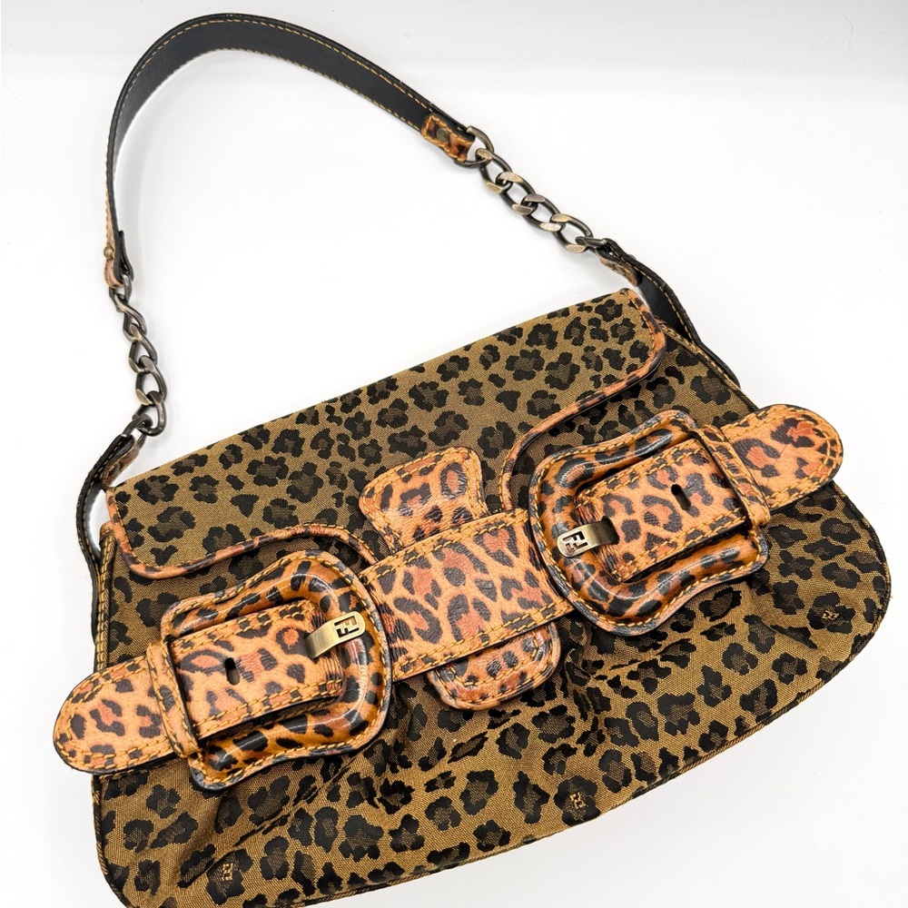 Fendi Leopard Print B Bag Buckle Shoulder Bag in Brown and Tan